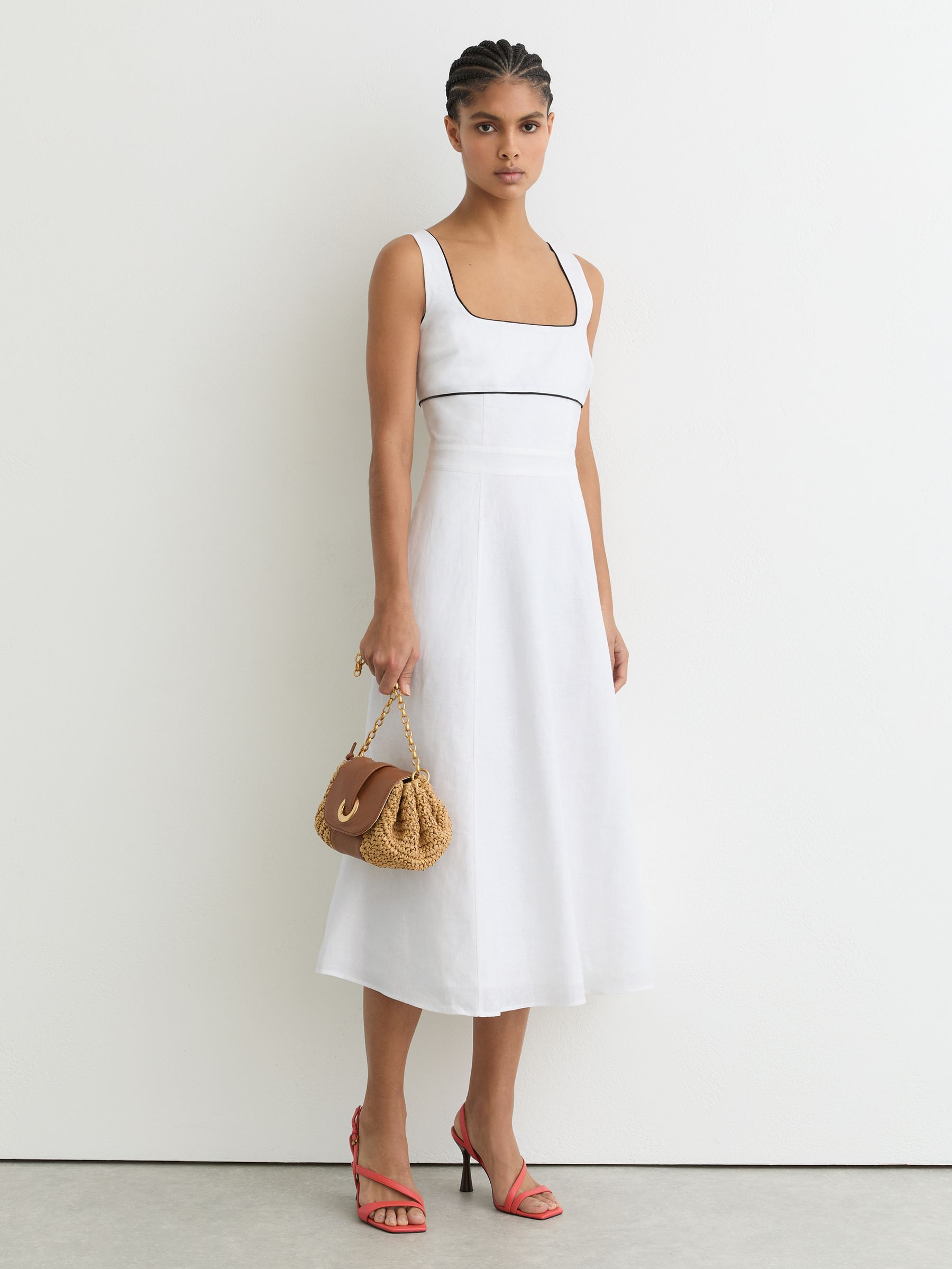 Linen Contrast-Trim Midi Dress in Ivory - Size 4