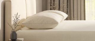 Two Birch Organic Pillows on a bed in a neutral-colored bedroom setting. 