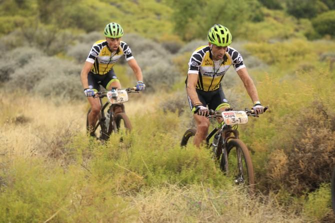 During the happier times of the 2014 Cape Epic, Jos&eacute; Hermida Ramos (front) and partner Rudi van Houts (back) of the Multivan Merida Biking Team before Van Houts had to pull out in stage five leaving the 2010 Cross Country World Champion to tackle the rest of the race on his own.