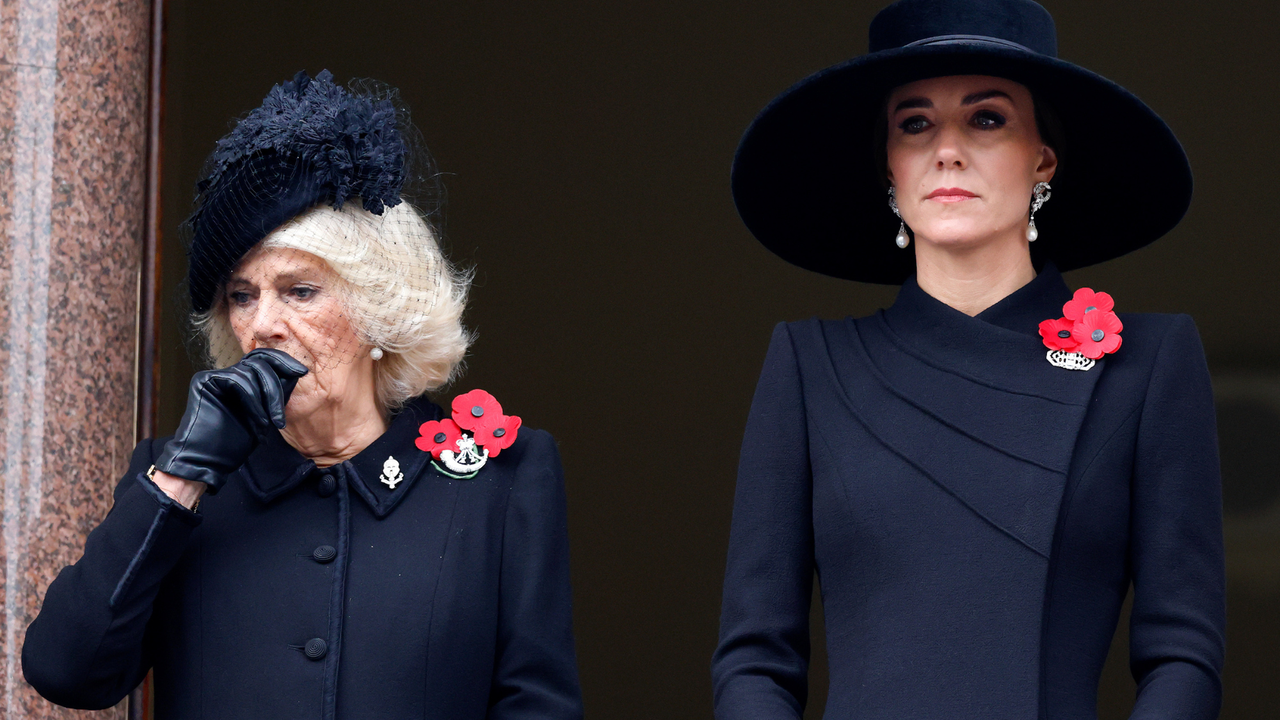 Camilla, Queen Consort and Catherine, Princess of Wales attend the National Service of Remembrance at The Cenotaph on November 13, 2022 in London, England.