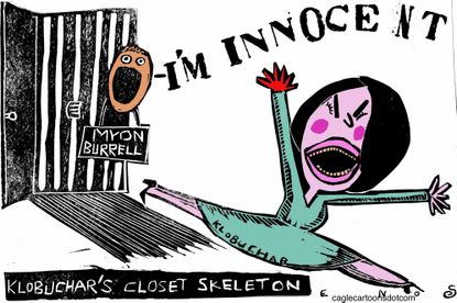 Political Cartoon U.S. Amy Klobuchar Myon Burrell Minnesota prosecutor record racial injustice skeletons