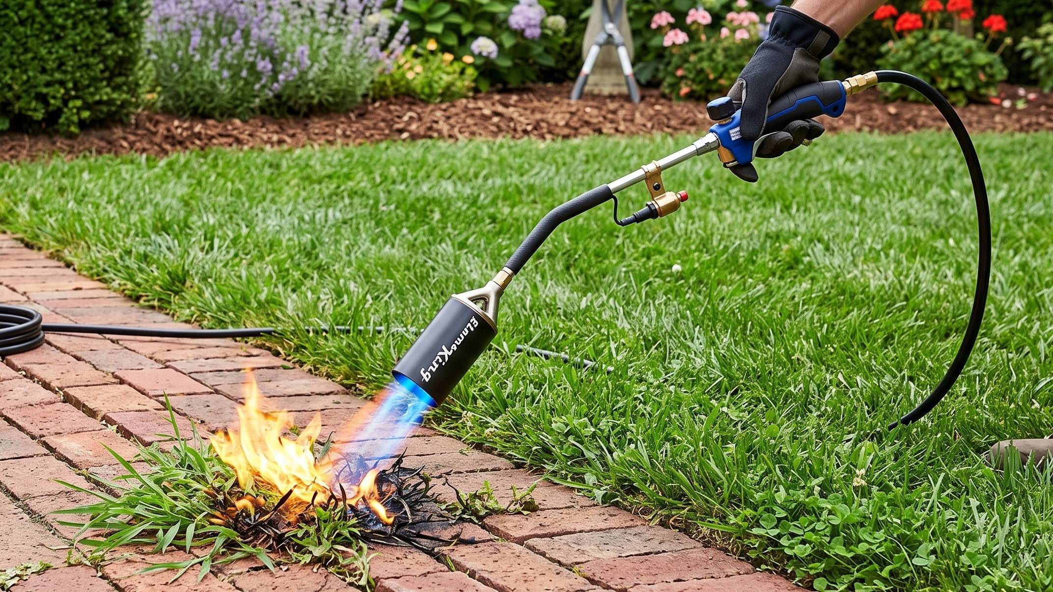 A hand using a flame weeder to burn weeds growing out of a brick path