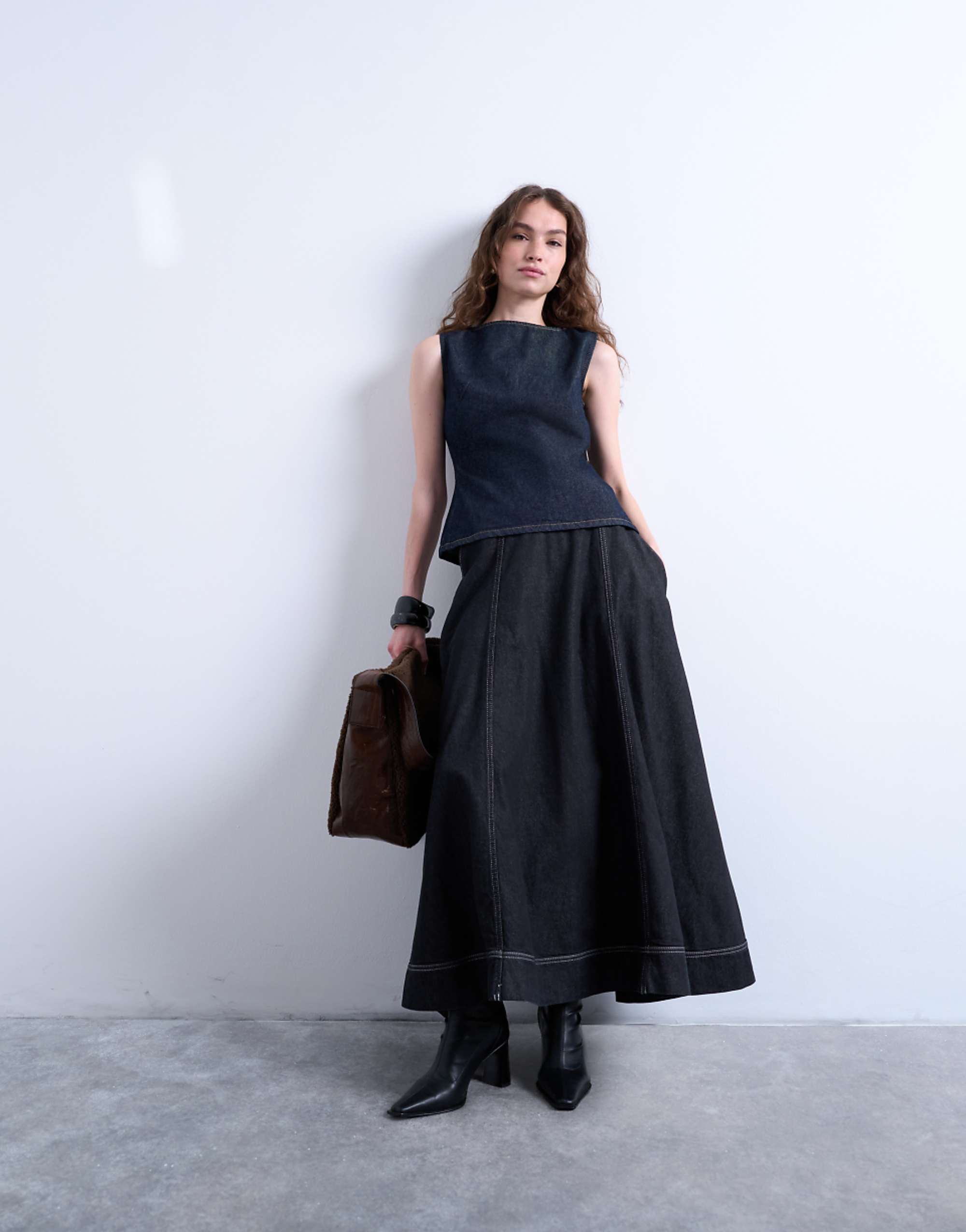 Topshop Denim Seamed Full Midi Skirt in Washed Black