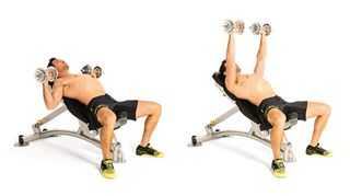 Man demonstrates two positions of the incline dumbbell press exercise
