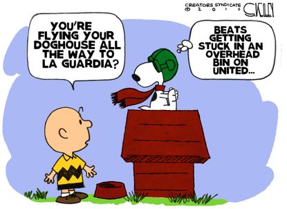 Political cartoon U.S. United Airlines dog death Peanuts Snoopy