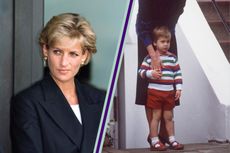 Princess Diana split layout with one of Prince William and Princess Diana on his first day at nursery