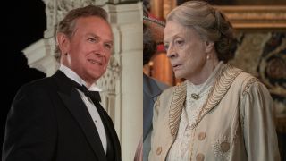 Hugh Bonneville attending a party in a tuxedo and Dame Maggie Smith standing in the study in a dress in Downton Abbey: A New Era, pictured side by side.