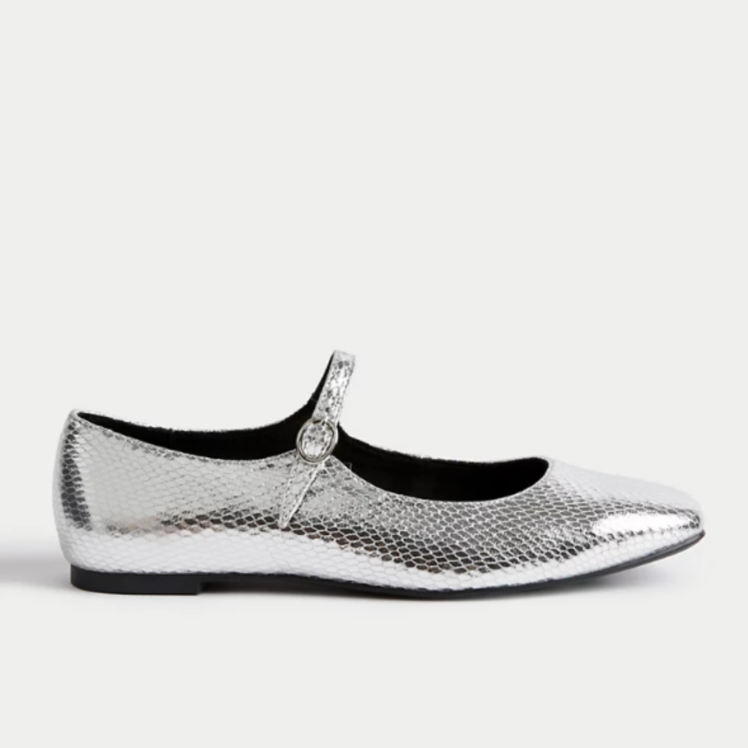 silver snakeskin mary jane flats