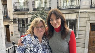 Ruth Appleby stands on a balcony with Davina McCall in Long Lost Family: The Spanish Baby Scandal