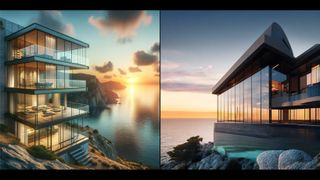 Two AI-generated images of a modern, glass building on a cliff overlooking the ocean.