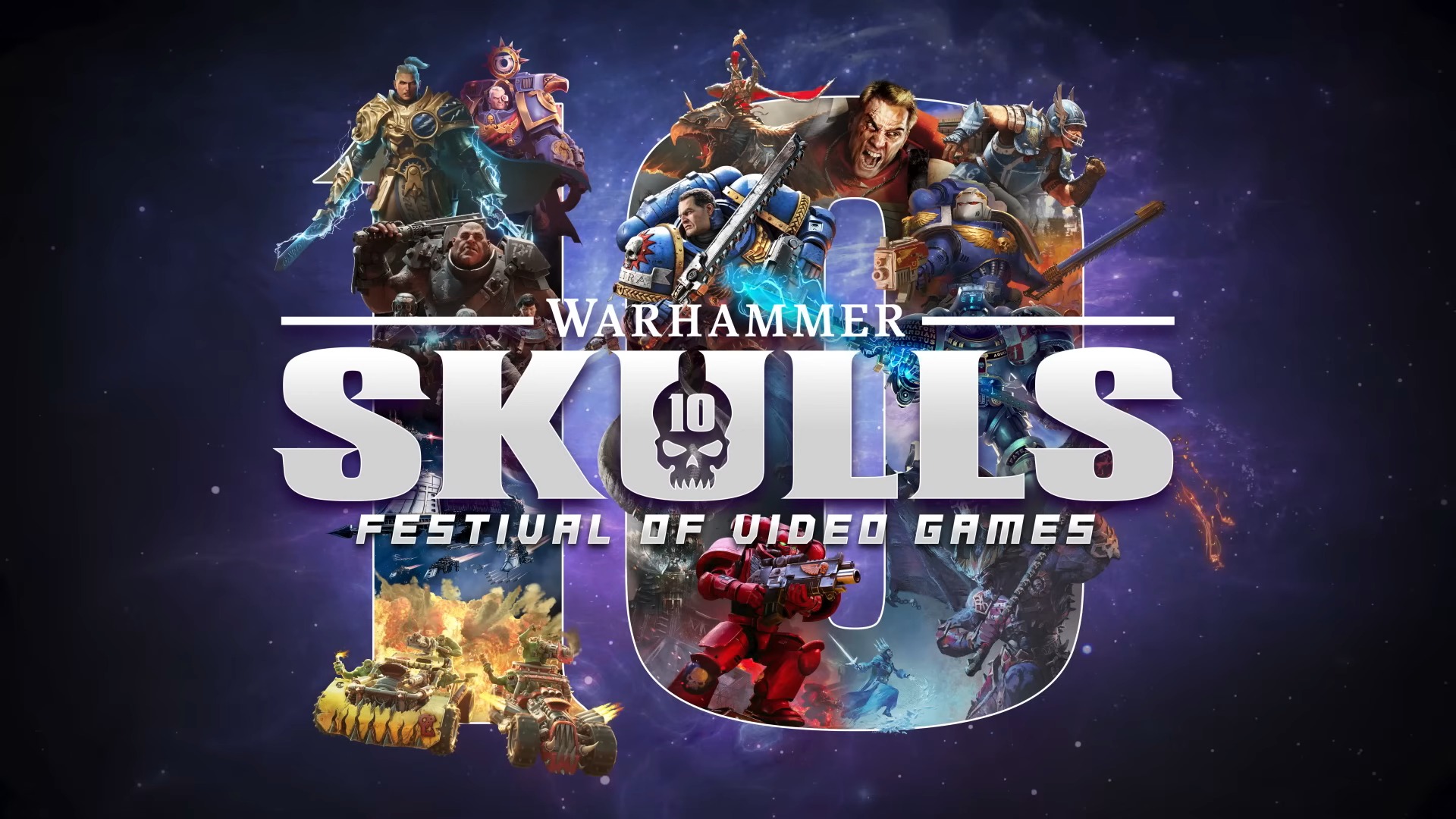 Warhammer Skulls Festival of Video Games 10th anniversary poster featuring dynamic characters in vibrant armor against a cosmic backdrop.