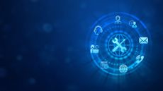 Digital technology toolkit symbol surrounded by email, internet, telephone, and communications symbols. 