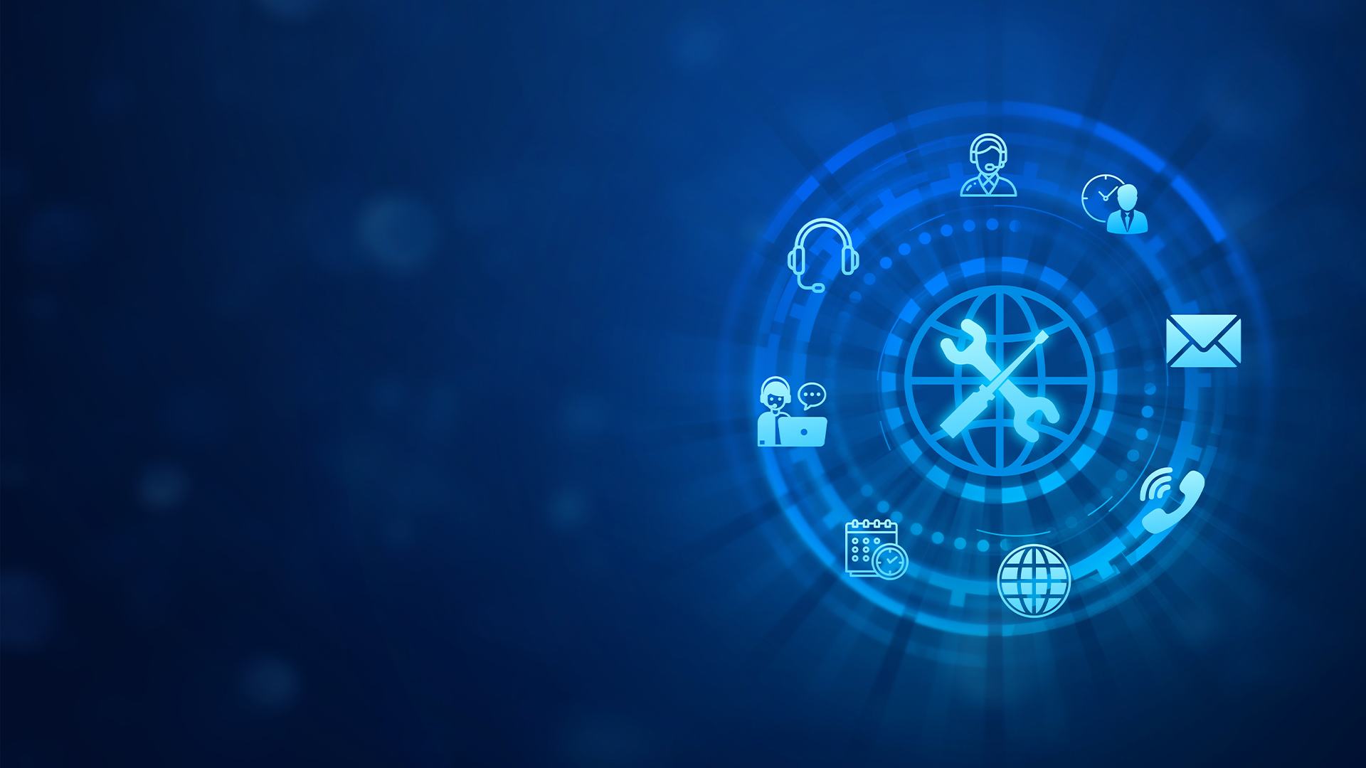 Digital technology toolkit symbol surrounded by email, internet, telephone, and communications symbols. 