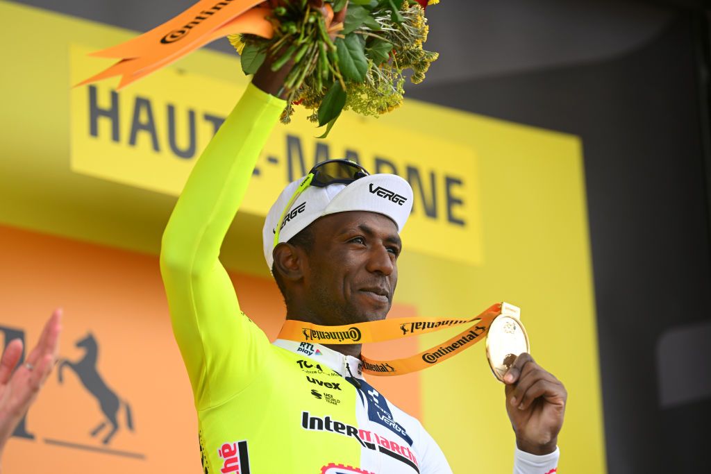 COLOMBEYLESDEUXEGLISES FRANCE JULY 06 Biniam Girmay of Eritrea and Team Intermarche Wanty celebrates at podium as stage winner during the 111th Tour de France 2024 Stage 8 a 1834km stage from SemurenAuxois to ColombeylesDeuxEglises 352m UCIWT on July 06 2024 in ColombeylesDeuxEglises France Photo by Dario BelingheriGetty Images
