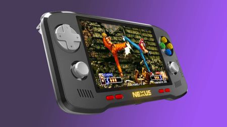 Evercade Nexus 64 Edition handheld with King of Fighters gameplay on screen and purple backdrop.