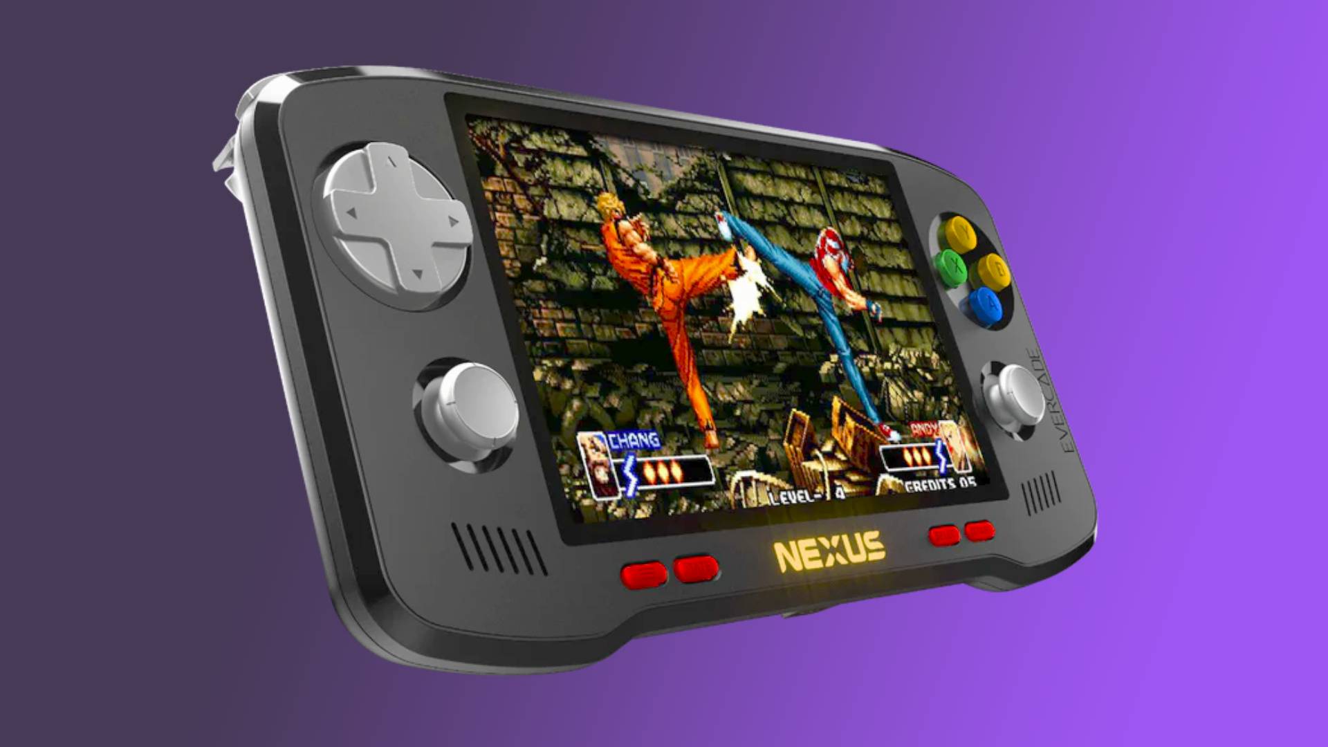 Evercade Nexus 64 Edition handheld with King of Fighters gameplay on screen and purple backdrop.