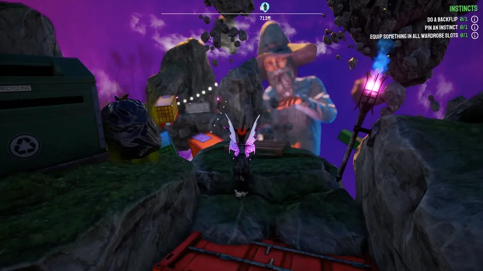 Гигантский волшебник плывет на заднем плане, а Пилгор стоит на метеоре в Goat Simulator 3.