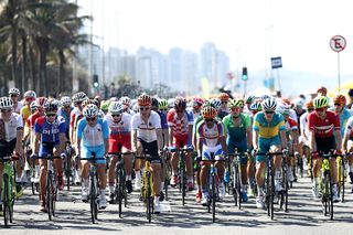Riders in their national team kits during the Men's Road Race on Day 1 of the Rio 2016 Olympic Games at the Fort Copacabana on August 6, 2016 in Rio de Janeiro, Brazil.