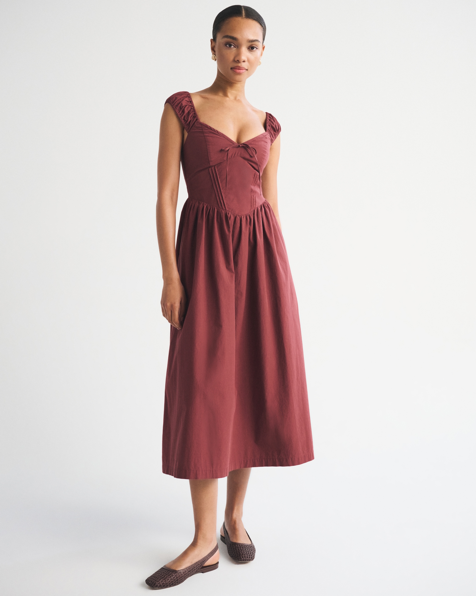 Bra-Free Cap Sleeve Dipped Waist Midi Dress