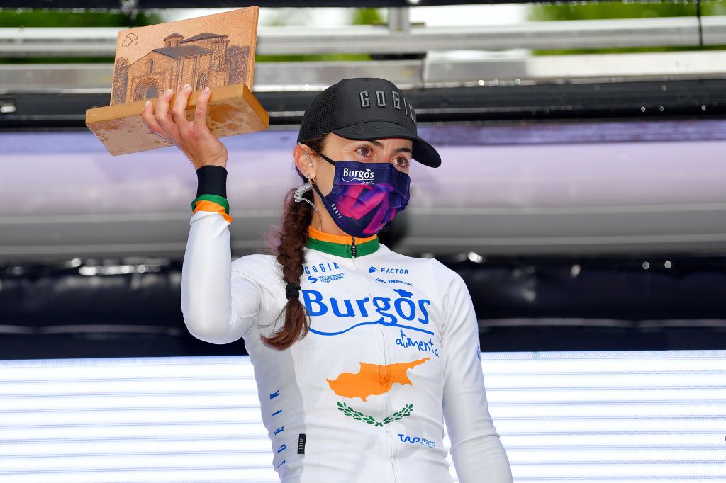 VILLARCAYO SPAIN MAY 21 Antri Christoforou of Cyprus and Team Burgos Alimenta Women Cycling Sport Most Combative Rider celebrates at podium during the 6th Vuelta A Burgos Feminas 2021 Stage 2 a 97km stage from Pedrosa de Valdeporres to Villarcayo VueltaBurgos BurgosFem UCIWWT on May 21 2021 in Villarcayo Spain Photo by Luc ClaessenGetty Images