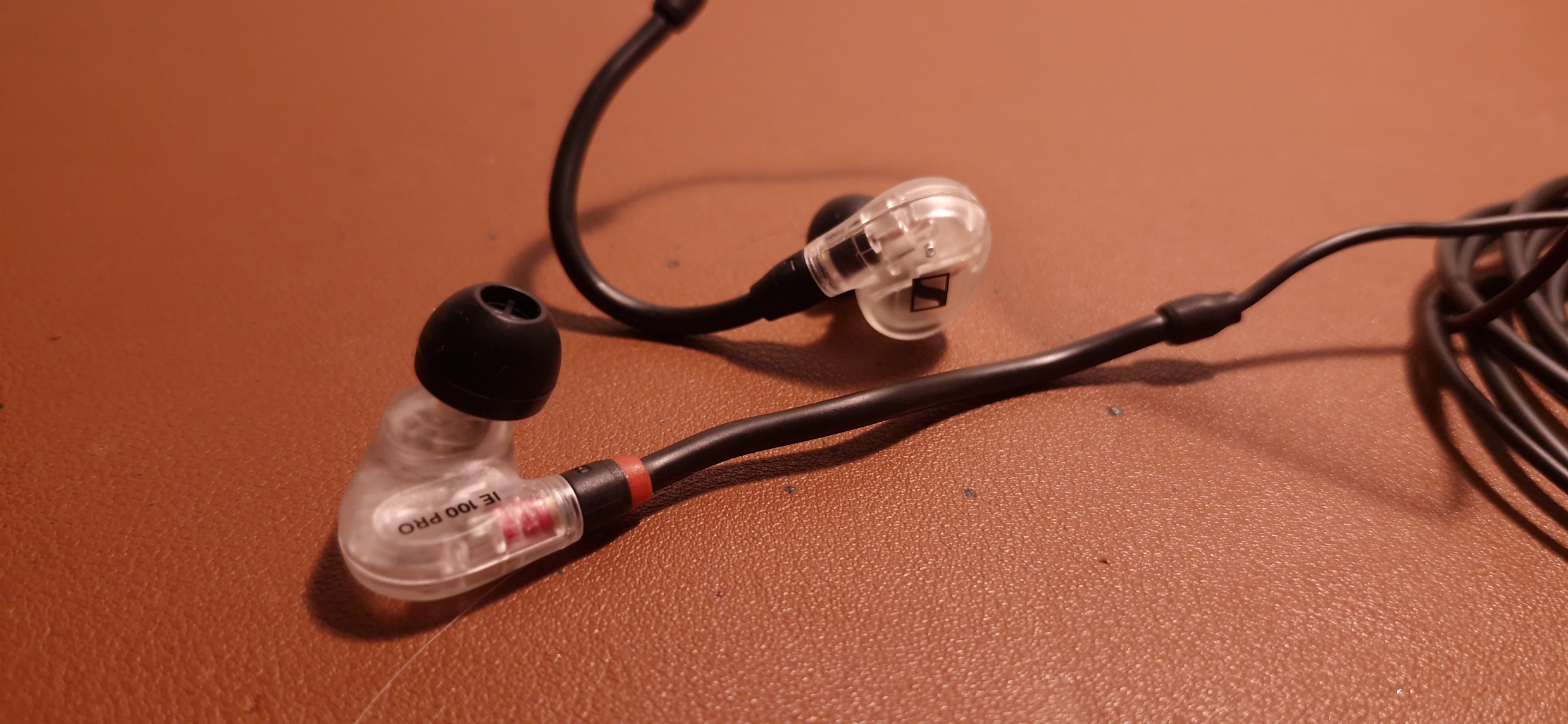 Close up of Sennheiser IE 100 Pro earbuds