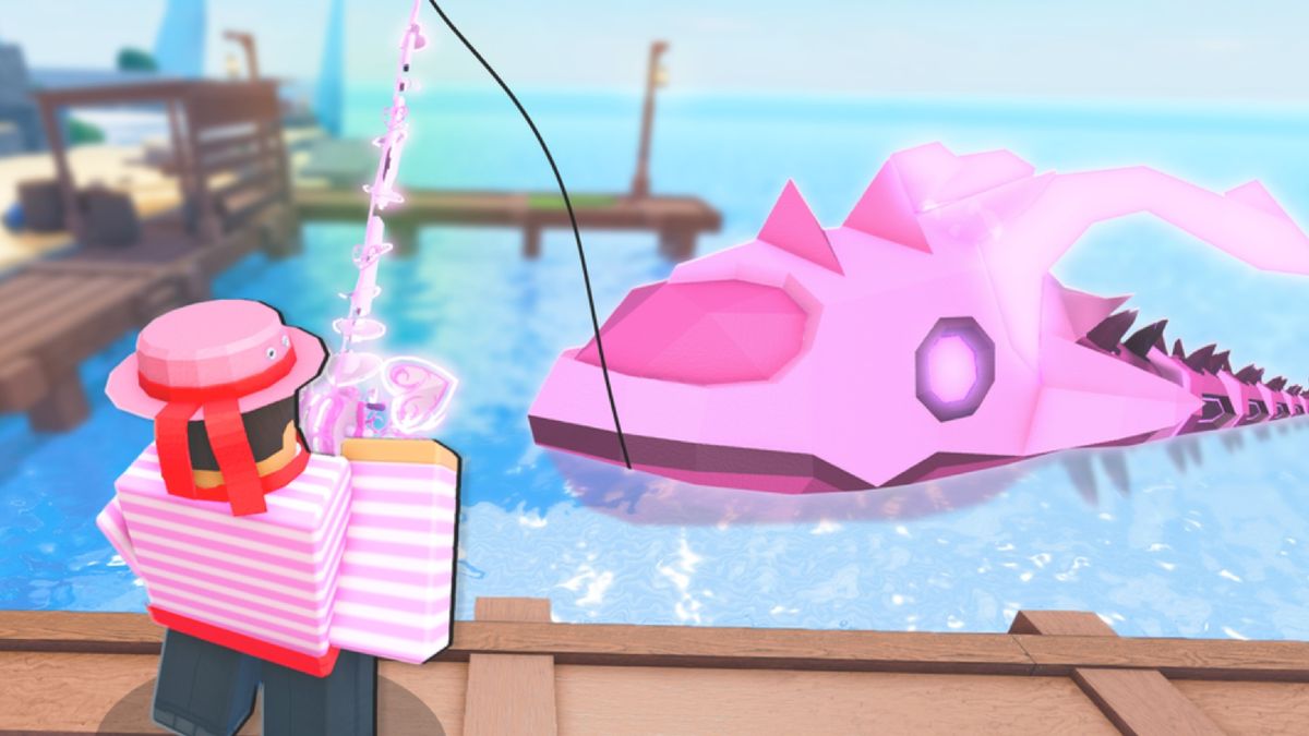 Fisch - A player in a pink hat and striped shirt holds a pink fishing rod that a large pink fish is biting