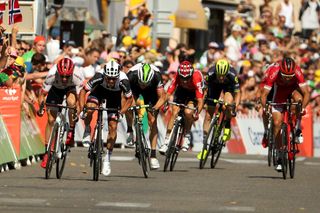 John Degenkolb and Michael Matthews rub elbows during the finish of stage 16 at the Tour de France