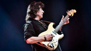 Ritchie Blackmore of the British band Ritchie Blackmore's Rainbow performs live on stage during a concert at the Velodrom on April 18, 2018 in Berlin, Germany