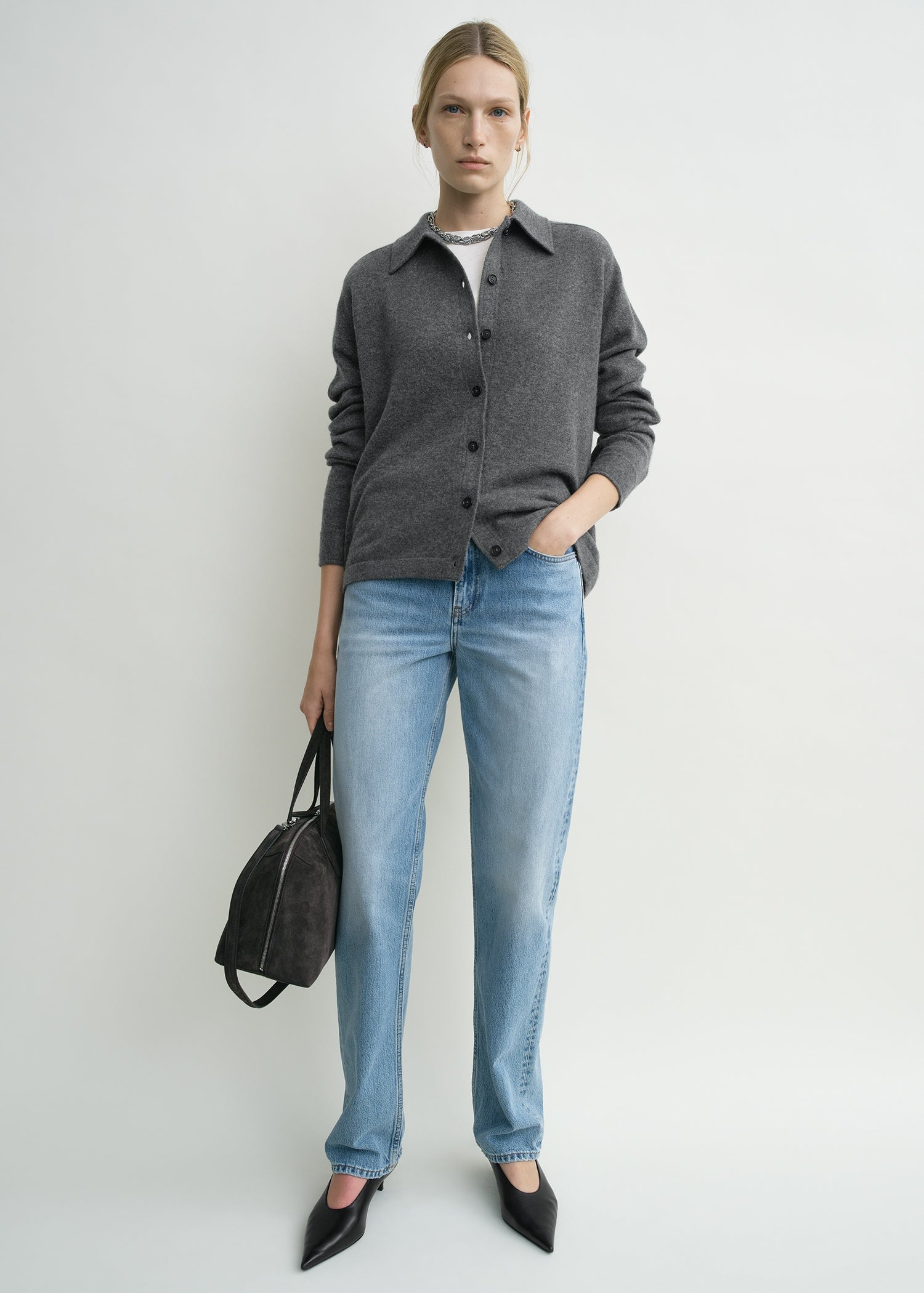 Raglan-Sleeve Cashmere Cardigan Dark Grey - Xxs