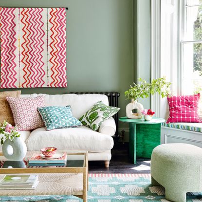 Living room with patterned and coloured decor, sofa and coffee table