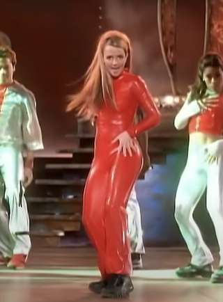 Britney Spears in a red latex catsuit