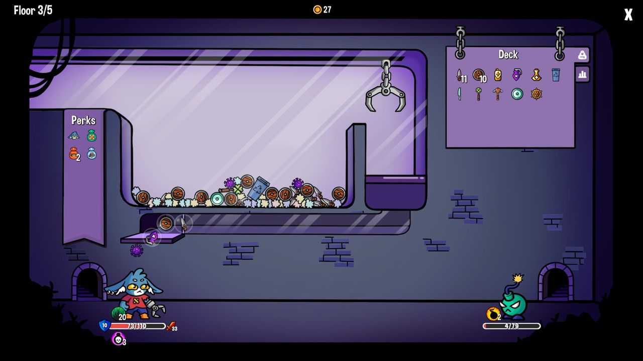 A battle in Dungeon Clawler, a claw machine roguelike by Stray Fawn Studio.