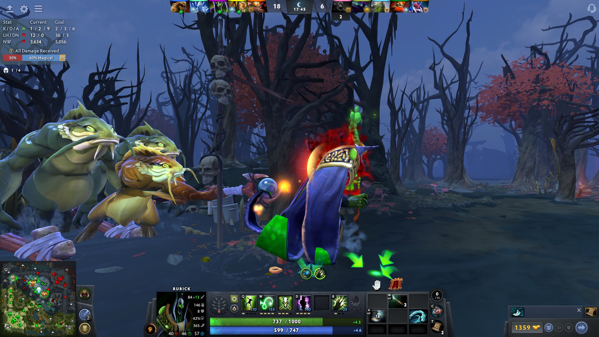 A hero being chased by frog monsters in Dota 2.