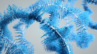 An abstract render of a blue and white DNA sequence on a light background