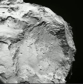 The Hatmehit region on the small lobe of comet 67P/Churyumov-Gerasimenko. The Rosetta spacecraft continues to reveal new secrets about the composition of the comet, including the recent discovery of molecular oxygen.