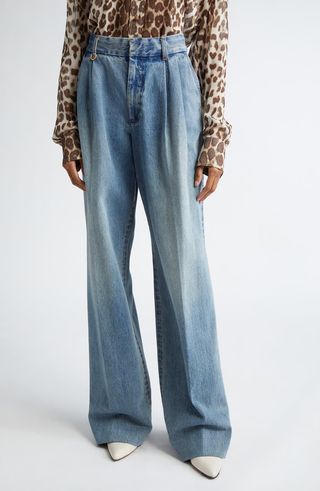 Illustration Pleated Wide Leg Jeans