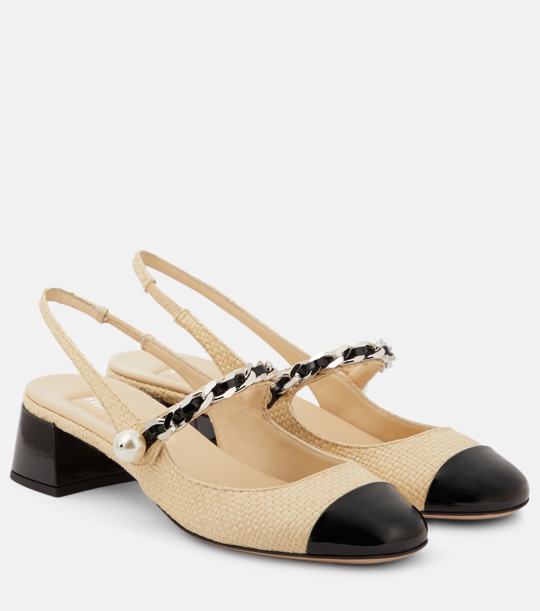 Leather-Trimmed Raffia Slingback Pumps