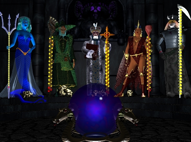 Los cinco malvados Guild Lords con atuendos de colores apropiados.