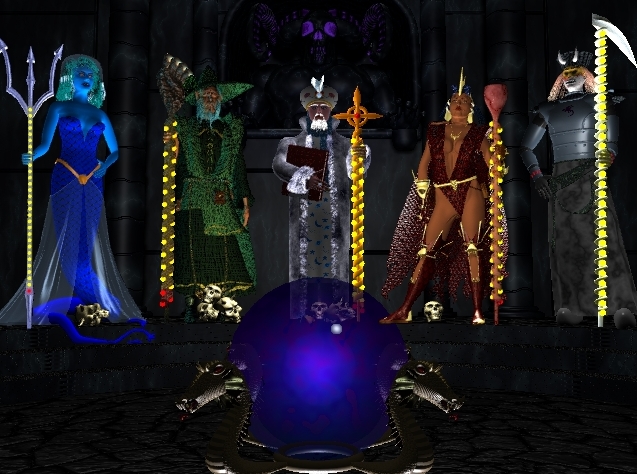 The five evil Guild Lords in appropriately colored attire