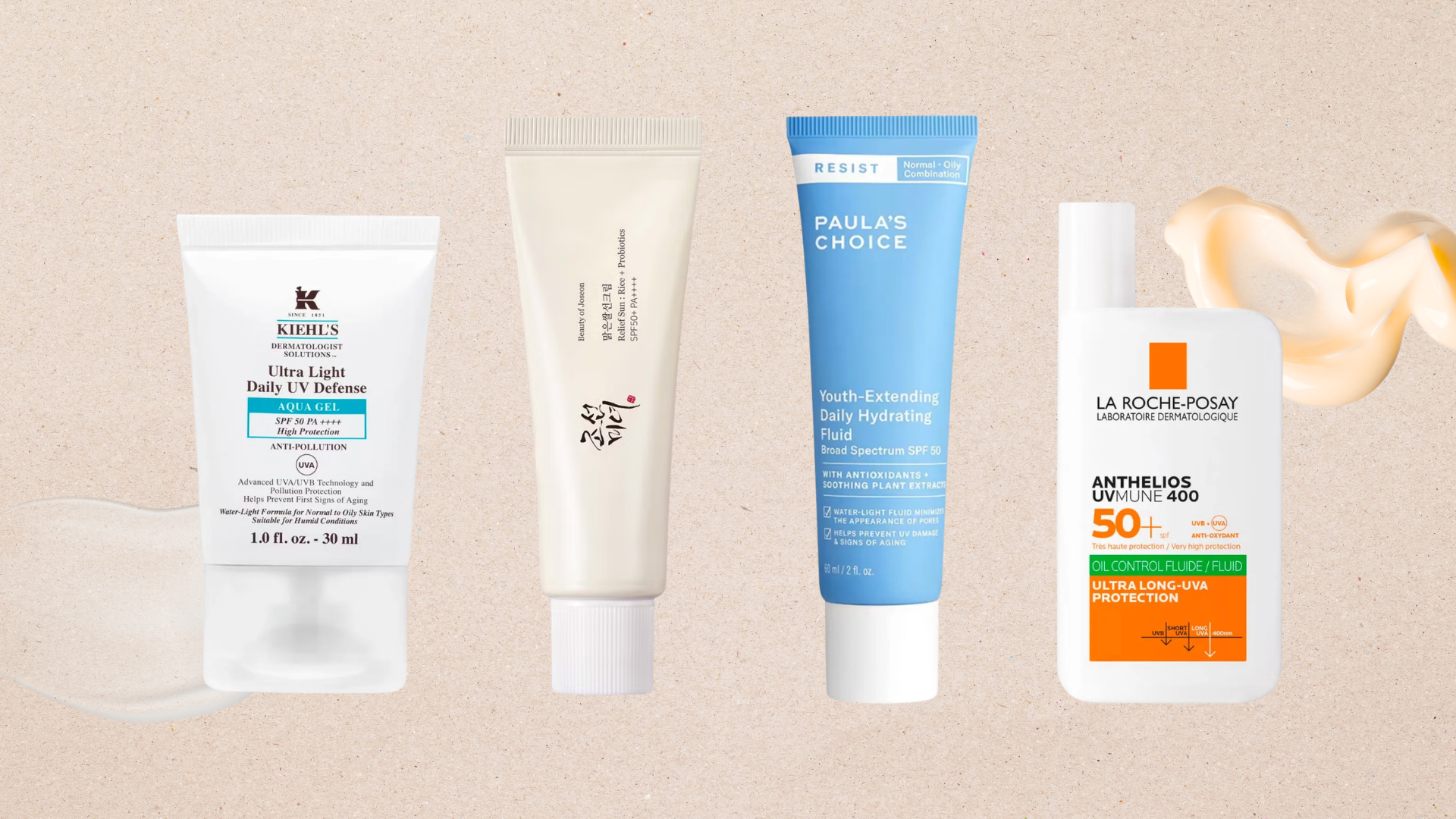 Collage of four of the best sunscreens for oily skin from (left to right) Kiehl's, Beauty of Joseon, Paula's Choice and La Roche-Posay with two product texture swatches on a beige background