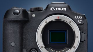 The Canon EOS R7 on a blue background