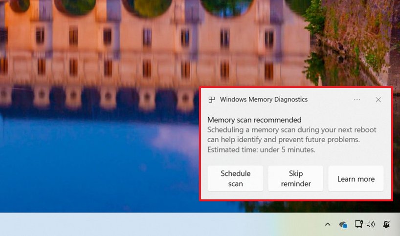 Windows Memory Diagnostic toast notification