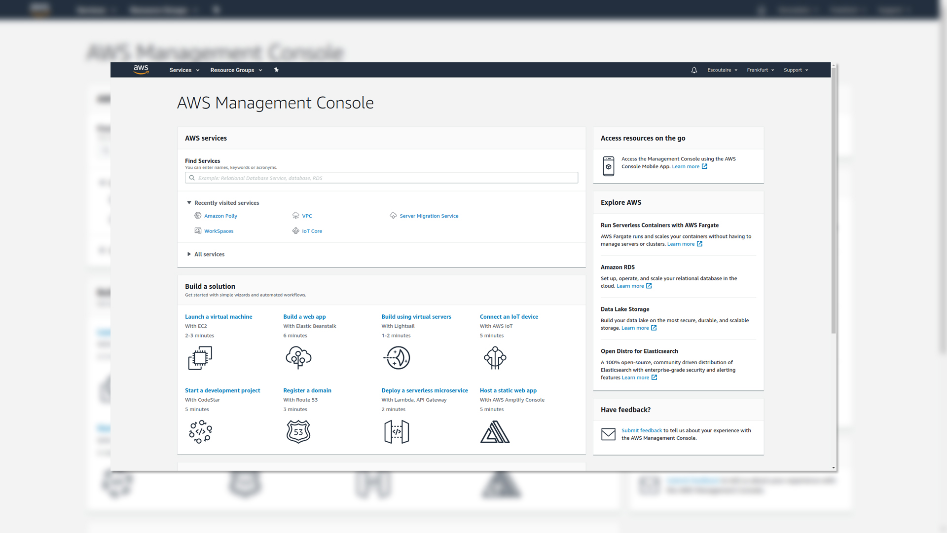 The Amazon Web Services dashboard