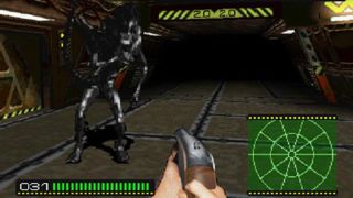 Image from the video game Alien Trilogy. It's a first person shooter, so you see 'your' hand in the middle of the screen holding a shot gun which is pointing at an Alien. In the bottom left corner is an ammo counter (31) and in the bottom right is a green radar screen.
