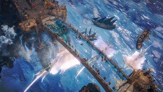 Lost Ark Servers: Heroes run across a srr-through bridge above an ocean