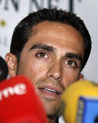 Alberto Contador faces the press on Friday.