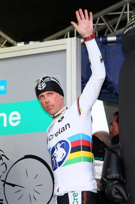 World champion Sven Nys arrives on stage to celebrate the 12th Superprestige title of his career.