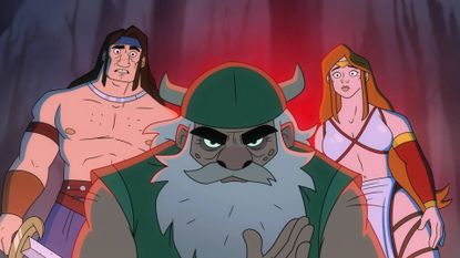 Liam McIntyre as Ax Battler, Matthew Rhys as Gilius Thunderhead, and Lisa Gilroy as Tyris Flare