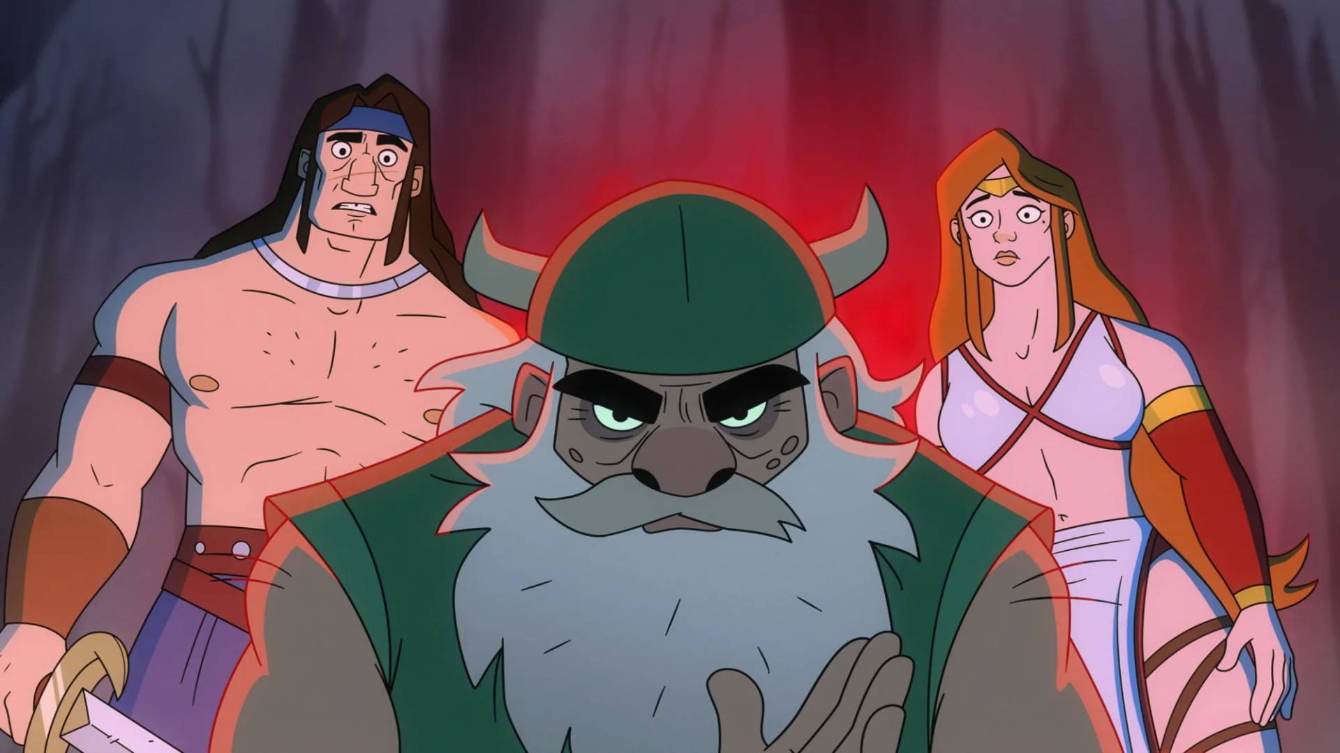 Liam McIntyre as Ax Battler, Matthew Rhys as Gilius Thunderhead, and Lisa Gilroy as Tyris Flare