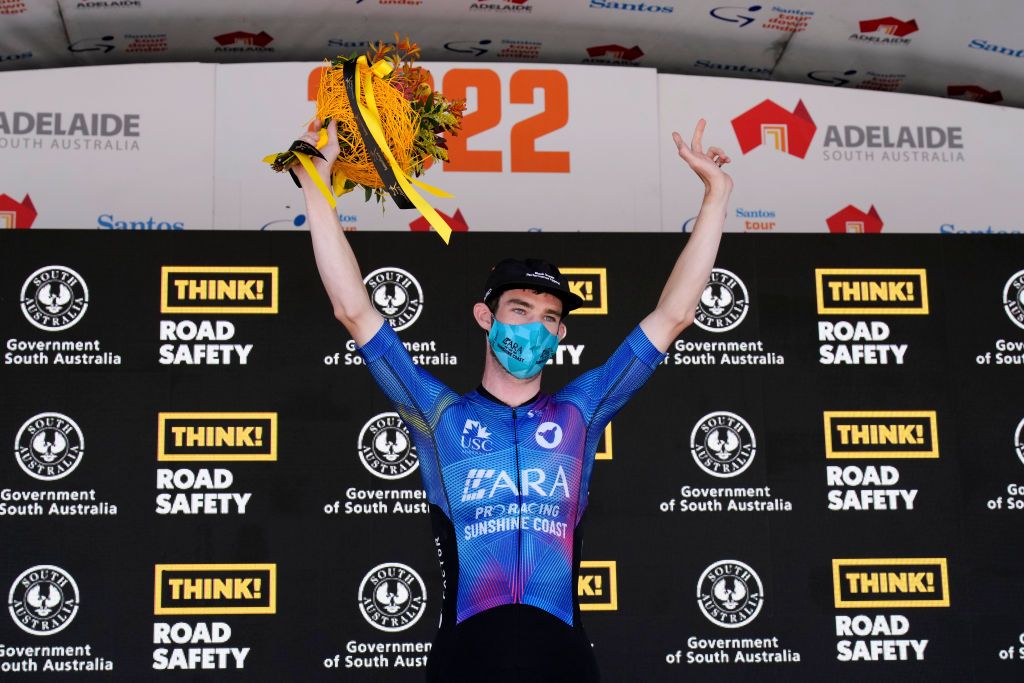 WILLUNGA HILL AUSTRALIA JANUARY 29 Angus Lyons of Australia and Team Ara Pro Racing Sunshine Coast celebrates at podium as stage winner during the 2nd Santos Festival Of Cycling 2022 Mens Elite Stage 3 a 1132km stage from McLaren Vale to Willunga Hill 224m TourDownUnder on January 29 2022 in Willunga Hill Australia Photo by Daniel KaliszGetty Images